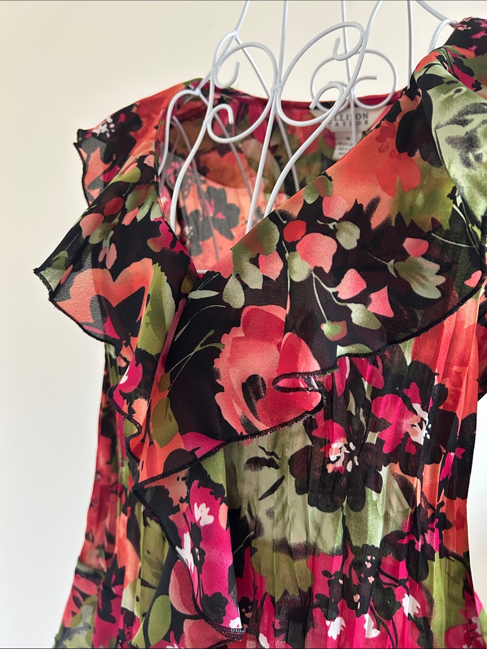 Size M | Allison Taylor | Black Floral Ruffle V-Neck Blouse with Pink & Green - Picture 3 of 11
